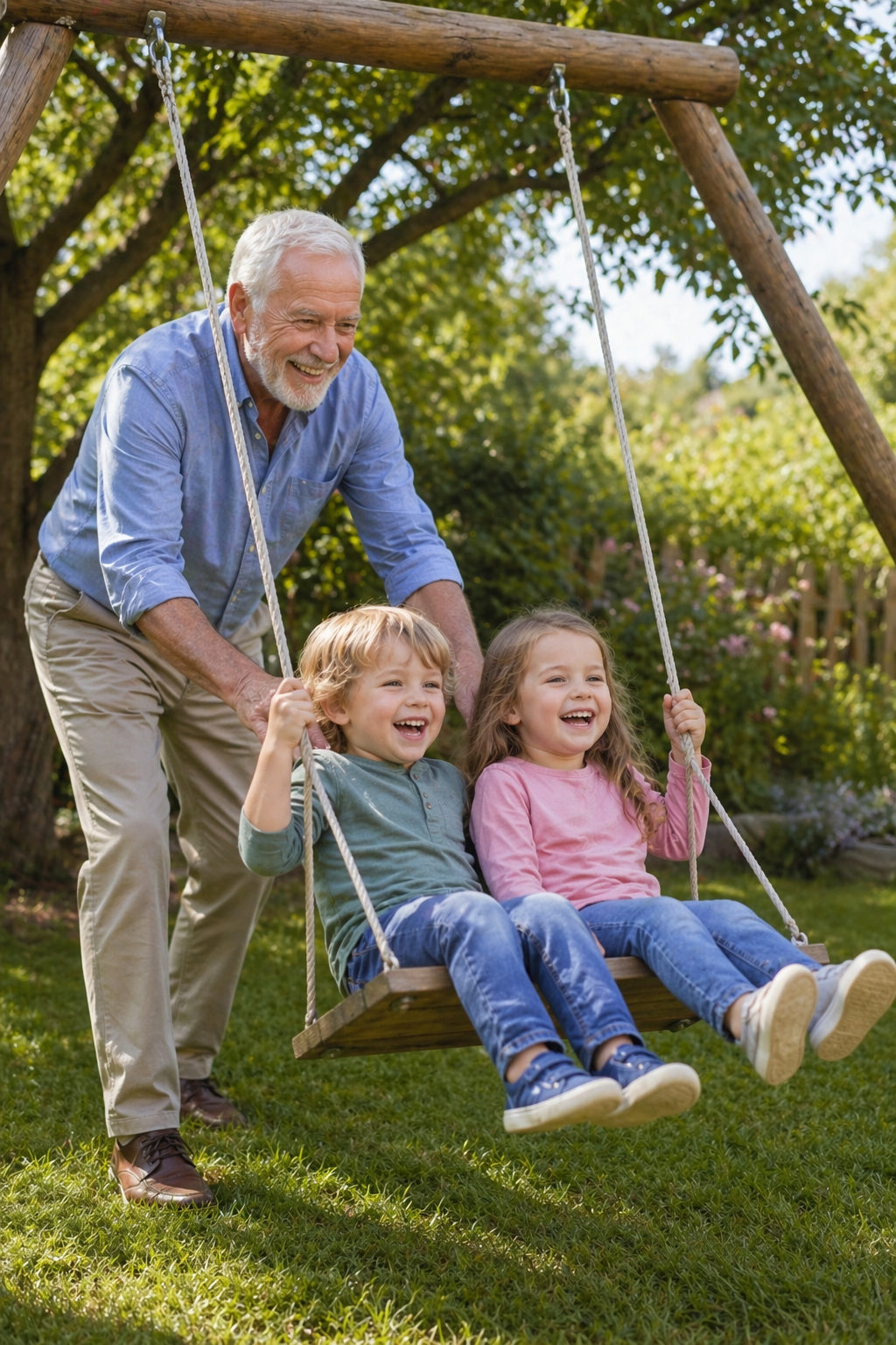 homme poussant petits enfants sur la balancoire