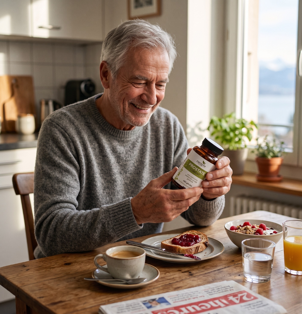 Homme prenant du Prosta-3 Bio au petit-déjeuner